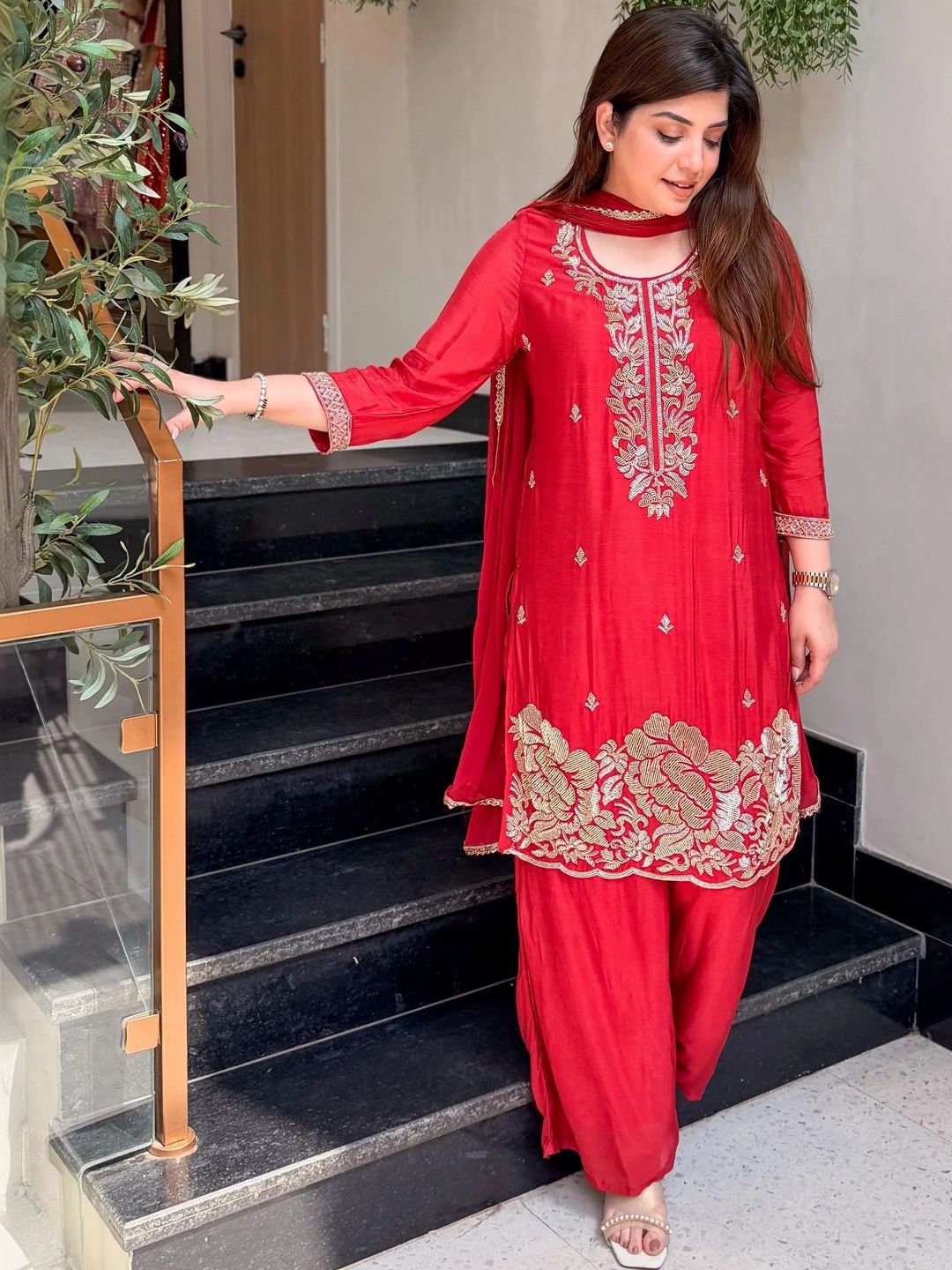 TWINS LADY Women Ethnic Motifs Embroidered Regular Silk Crepe Kurta with Palazzos & With Dupatta-picture-20