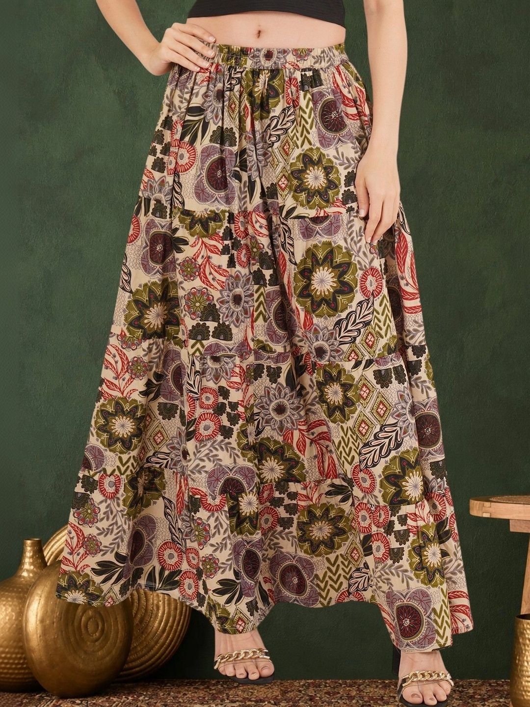Sangria Women Pure Cotton Blend Cotton Cambric Floral Maxi Flared Skirt-picture-52