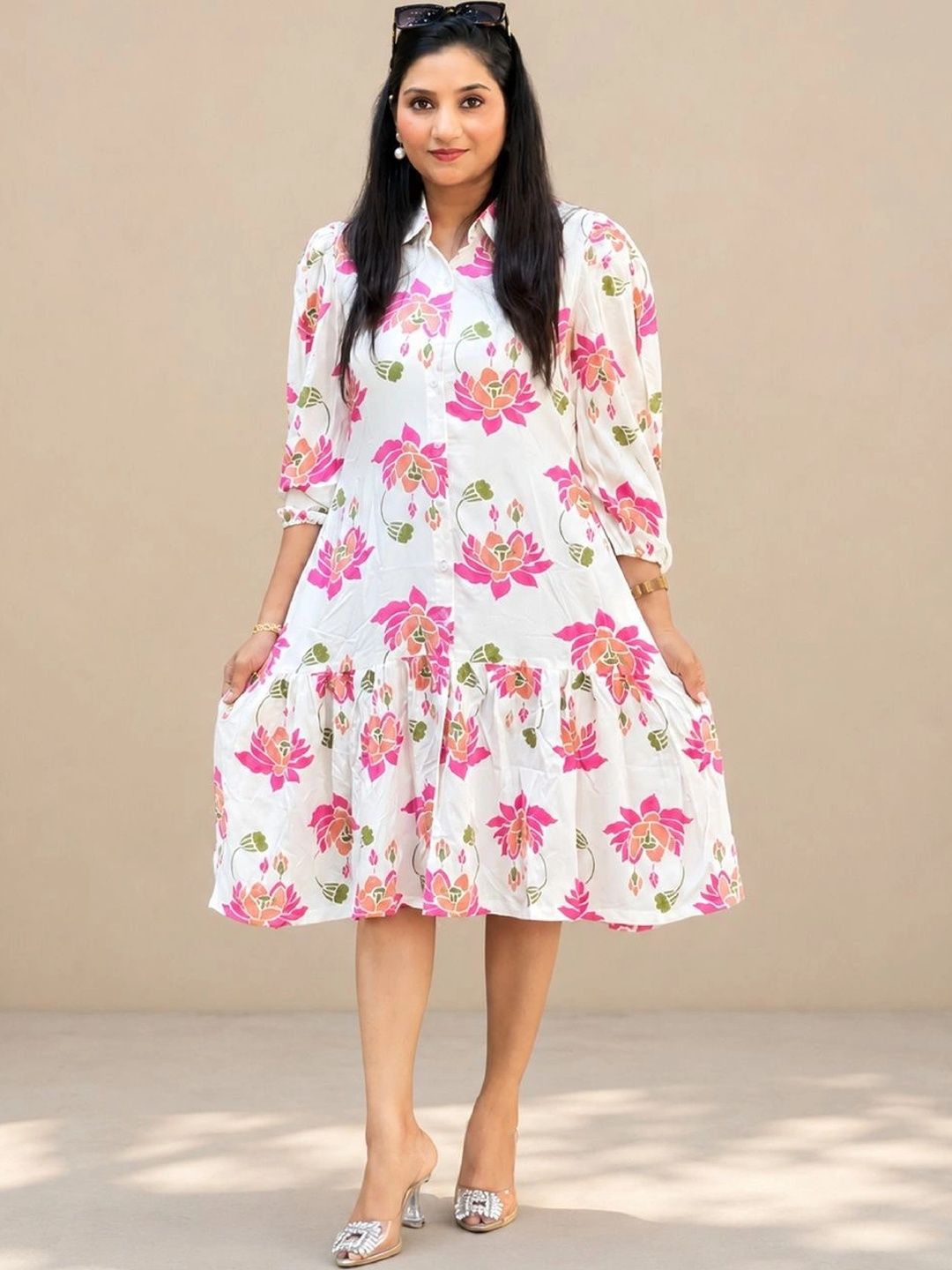 SHUBHAMI Floral Print Puff Sleeve A-Line Dress-picture-48