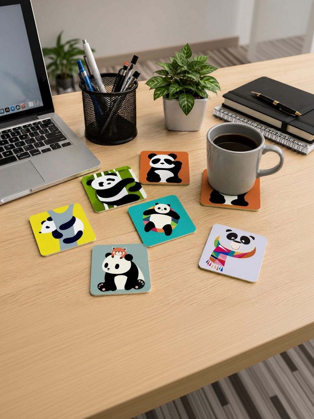 TAJNAN 6-Pcs Yellow & Orange Printed Wooden Panda Coaster-image-10