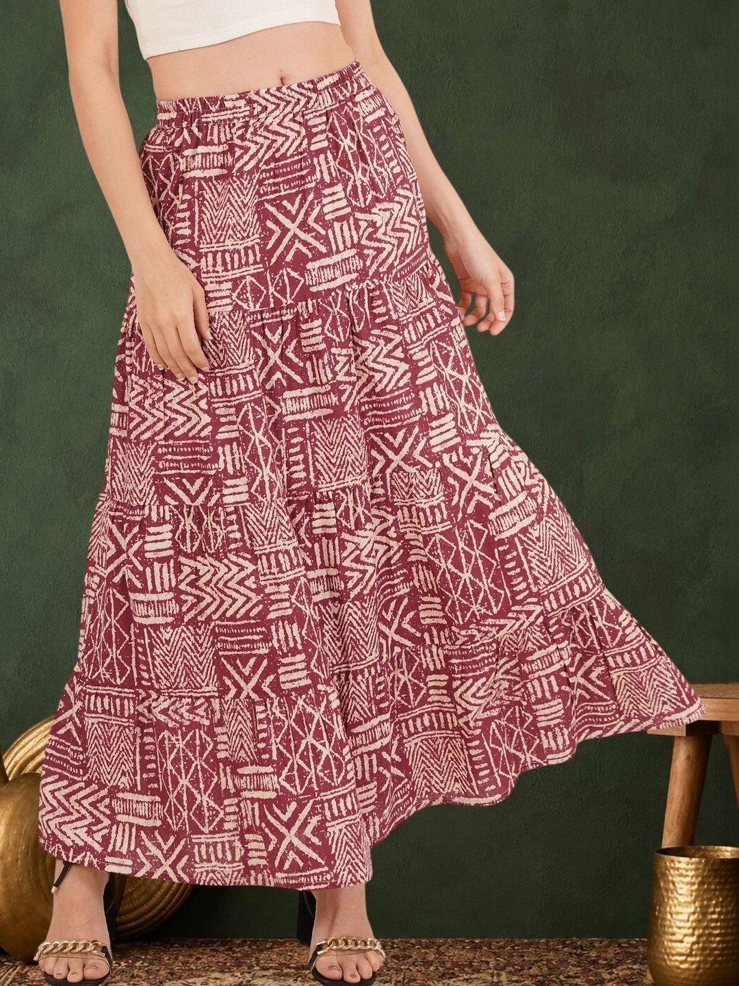 Sangria Women Pure Cotton Blend Cotton Cambric Checked Tribal or Aztec Print Maxi A-Line Skirt-picture-22