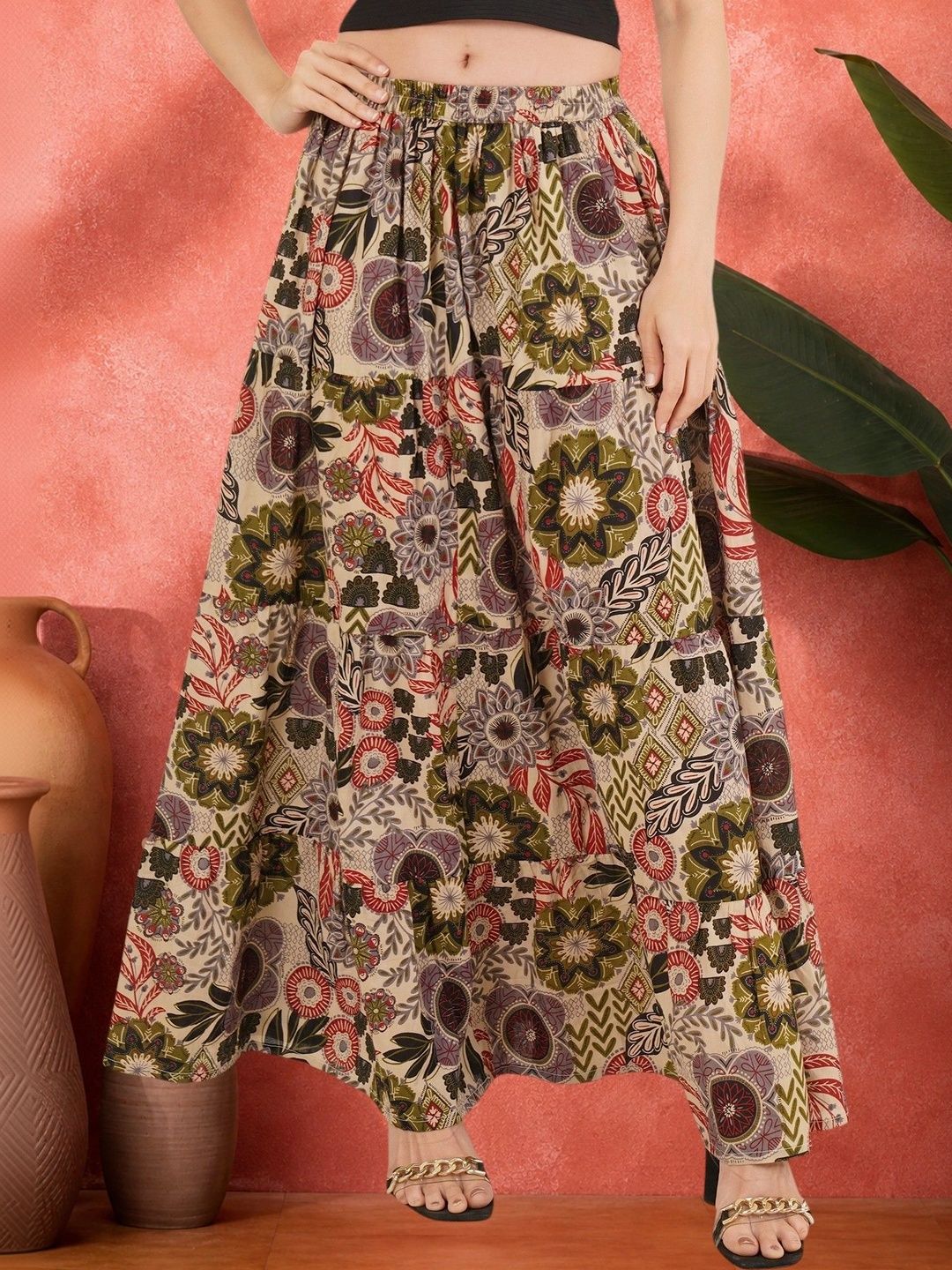 Sangria Women Pure Cotton Blend Cotton Cambric Floral Maxi Tiered Skirt-picture-45