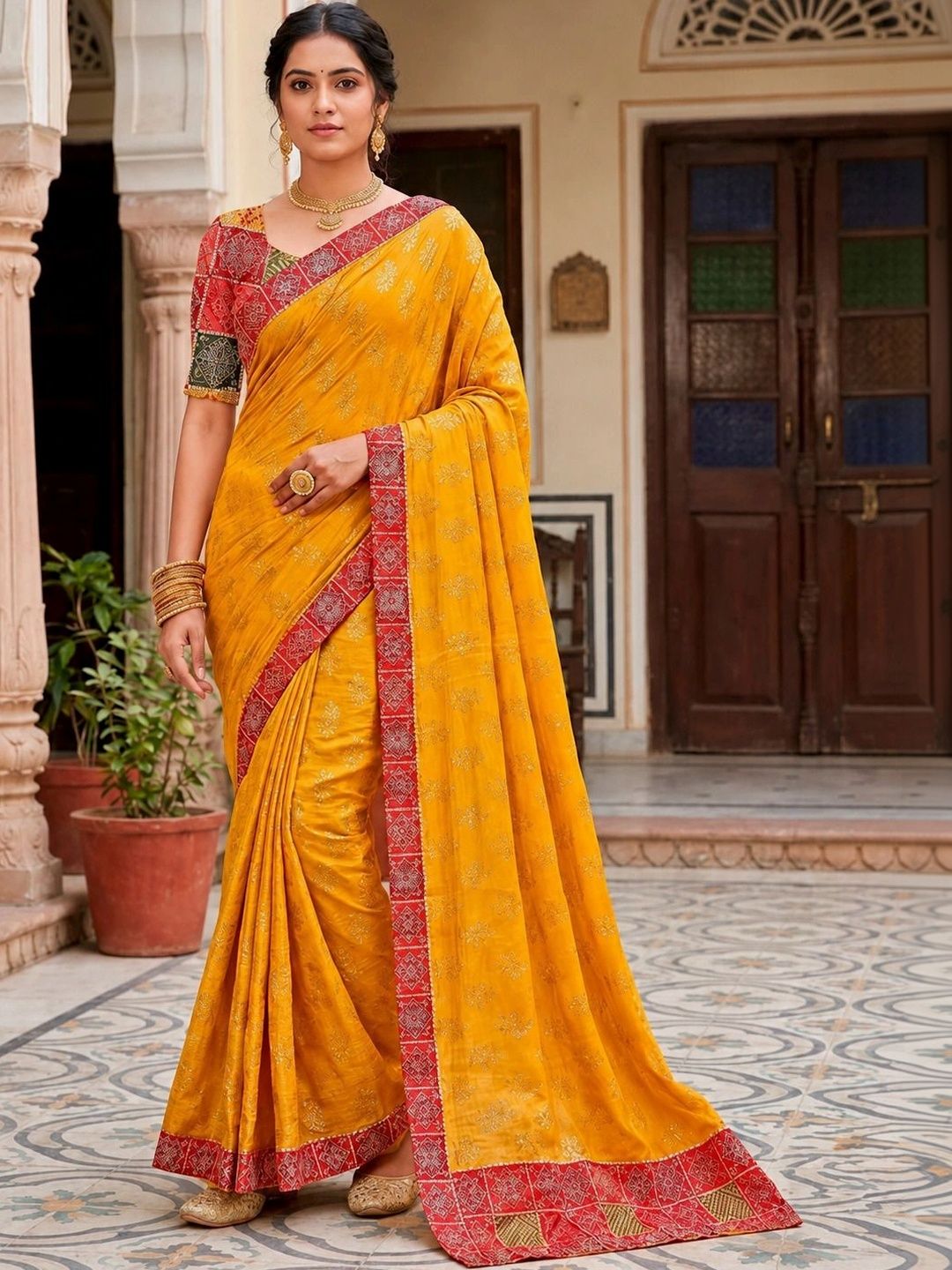 Jaipur Vogue Ethnic Motifs Zari Poly Chiffon Designer Block Print Saree-picture-11