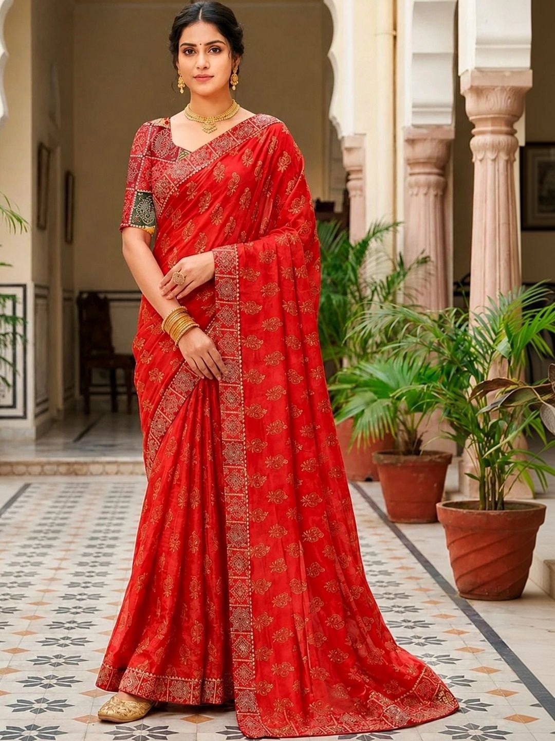 Jaipur Vogue Floral Zari Poly Chiffon Designer Block Print Saree-picture-12