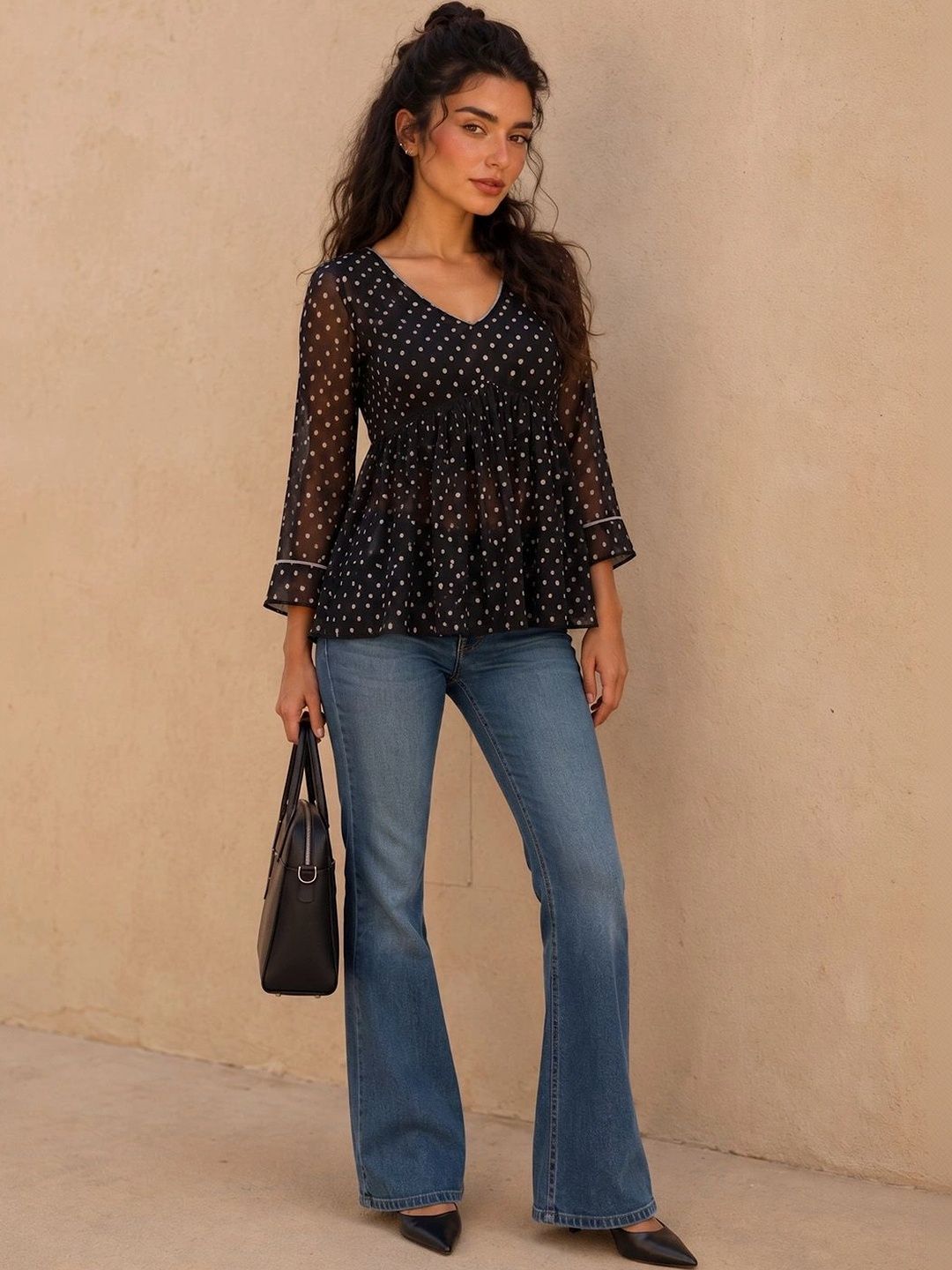 Anouk Mirage Polka Dot Print Flared Sleeve Empire Top-picture-25