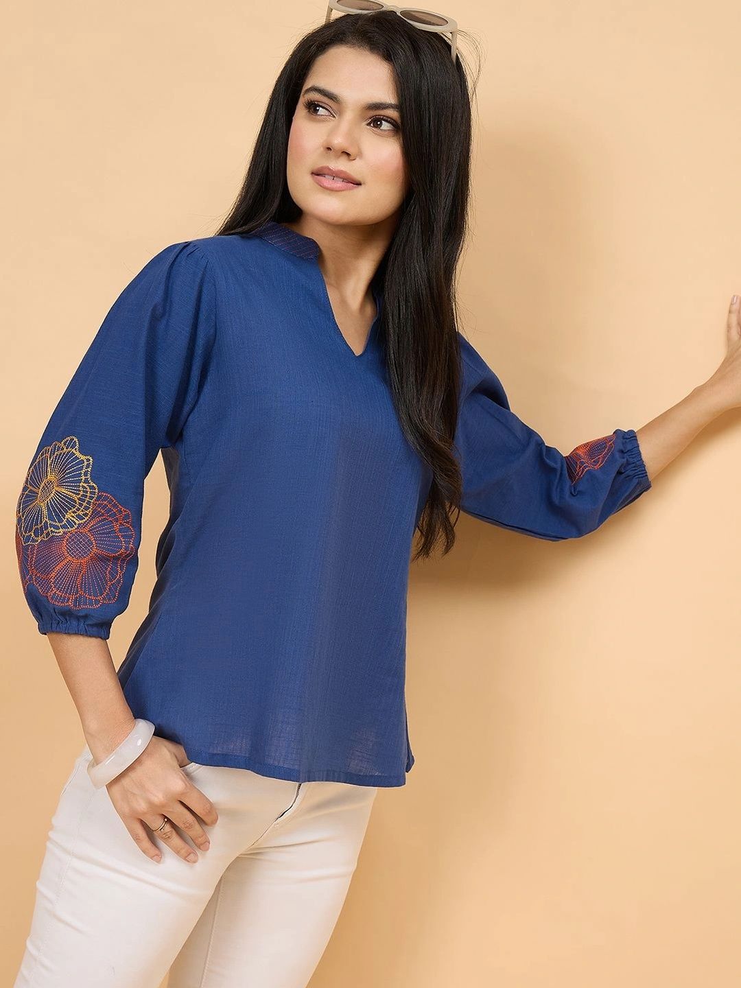 Azira Floral Embroidered Mandarin Collar Cotton Top-picture-17