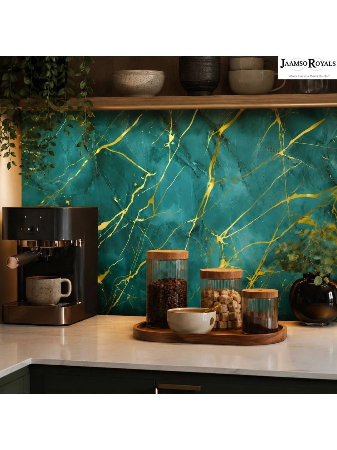 Jaamso Royals Green & Yellow Marble Printed Self Adhesive Kitchen Wall Stickers-picture-38