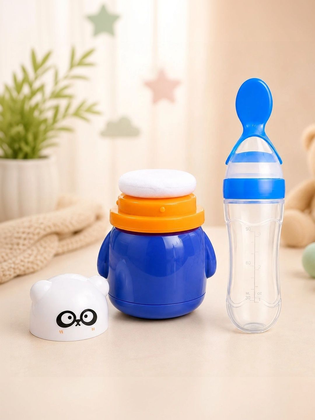Joy Buzz Blue & White Printed BPA Free Baby Food Feeder Spoon & Powder Puff Combo-picture-35
