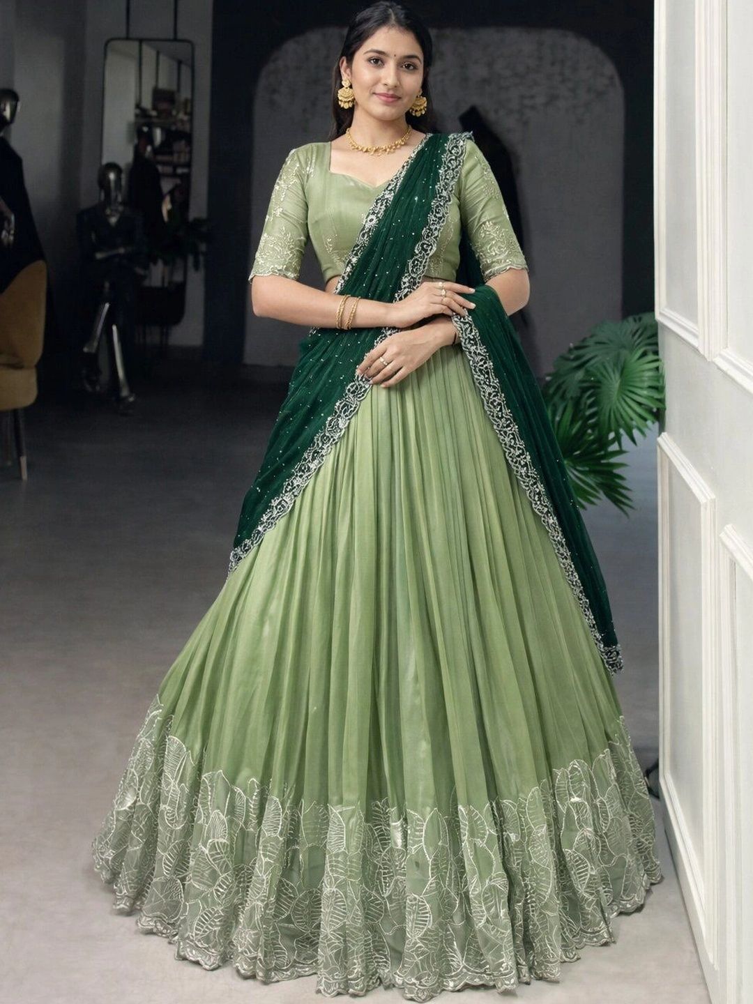 DEVANGI VASTRA Embellished Sequinned Ready to Wear Lehenga & Unstitched Blouse With Dupatta-image-44