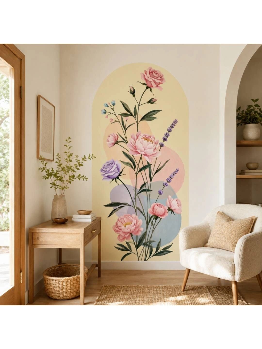 Jaamso Royals Yellow & Green Pastel Floral Arch Printed Wall Sticker-picture-41