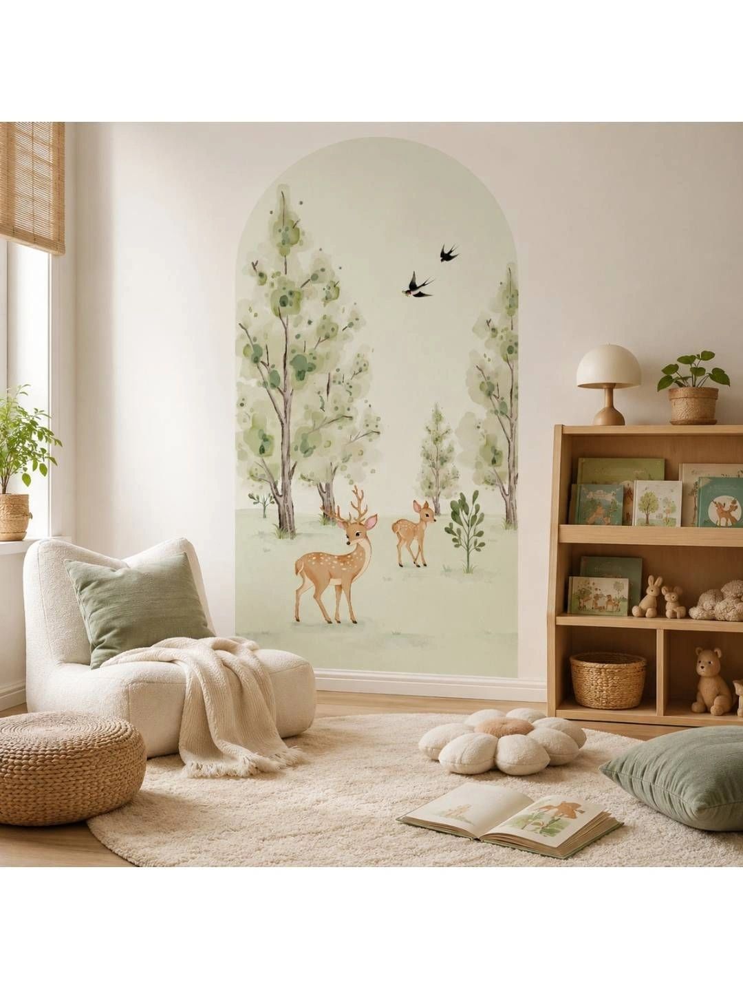Jaamso Royals White & Green Arched Deer Forest Trees & Birds Printed Wall Stickers-picture-53
