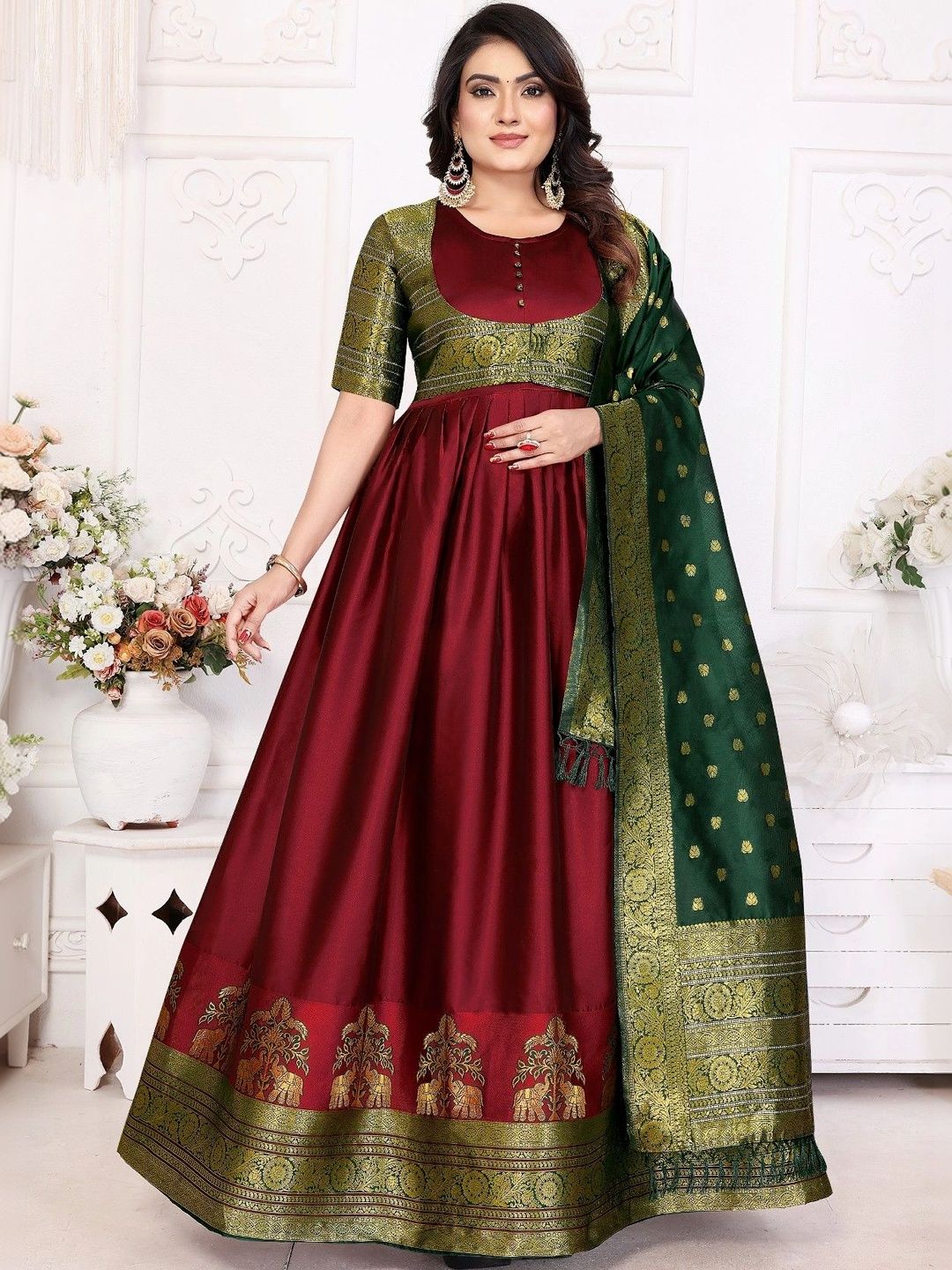 Kinjhit Fashion Woven Design Round Neck Fit & Flare Maxi Ethnic Dress With Dupatta-picture-46
