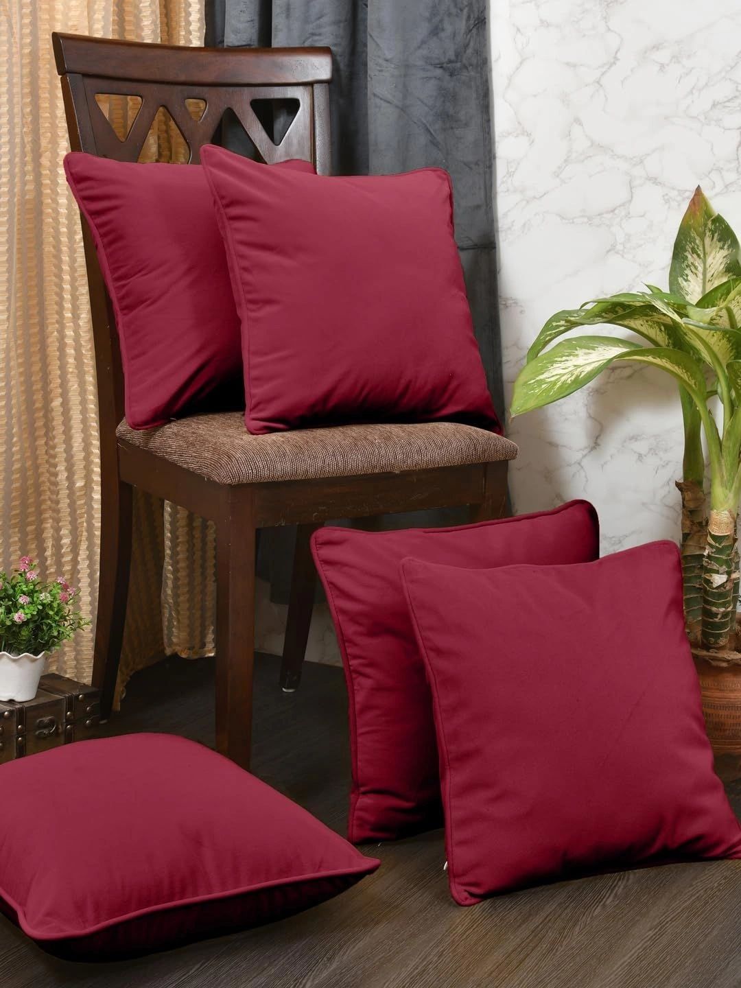 Myntra Elegant Homes Maroon Set of 5 Velvet Square Cushion Covers-image-47