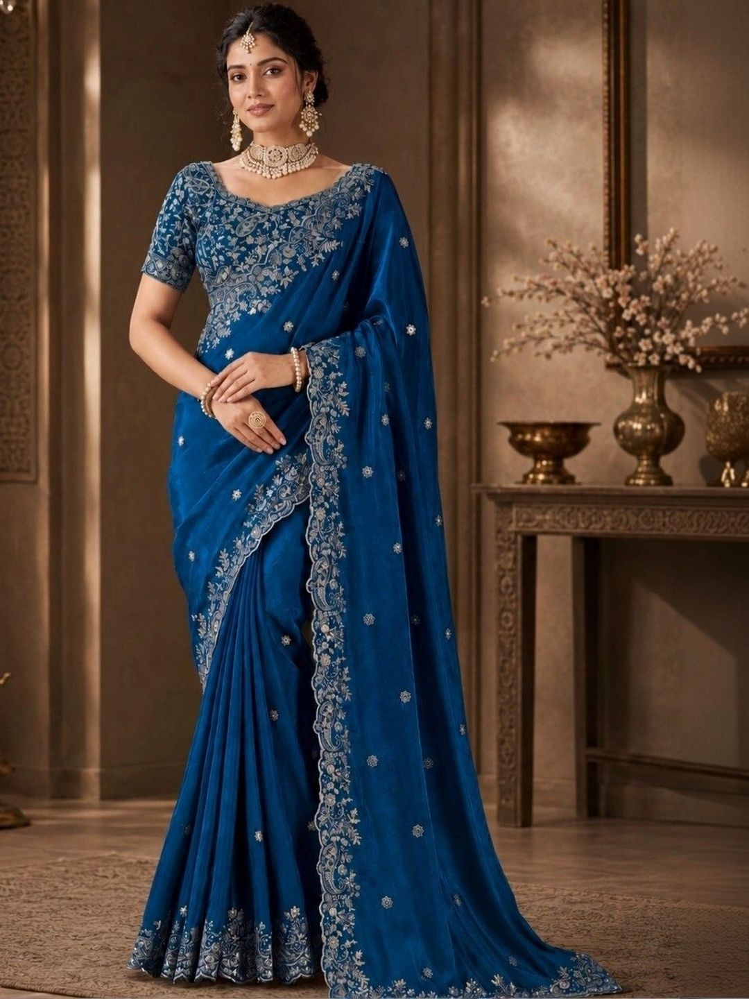 NaariThread Floral Embroidered Silk Blend Heavy Work Mysore Silk Saree-picture-25