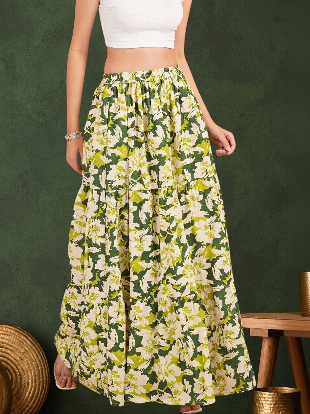 Sangria Women Pure Cotton Blend Cotton Cambric Floral Maxi Tiered Skirt-picture-25