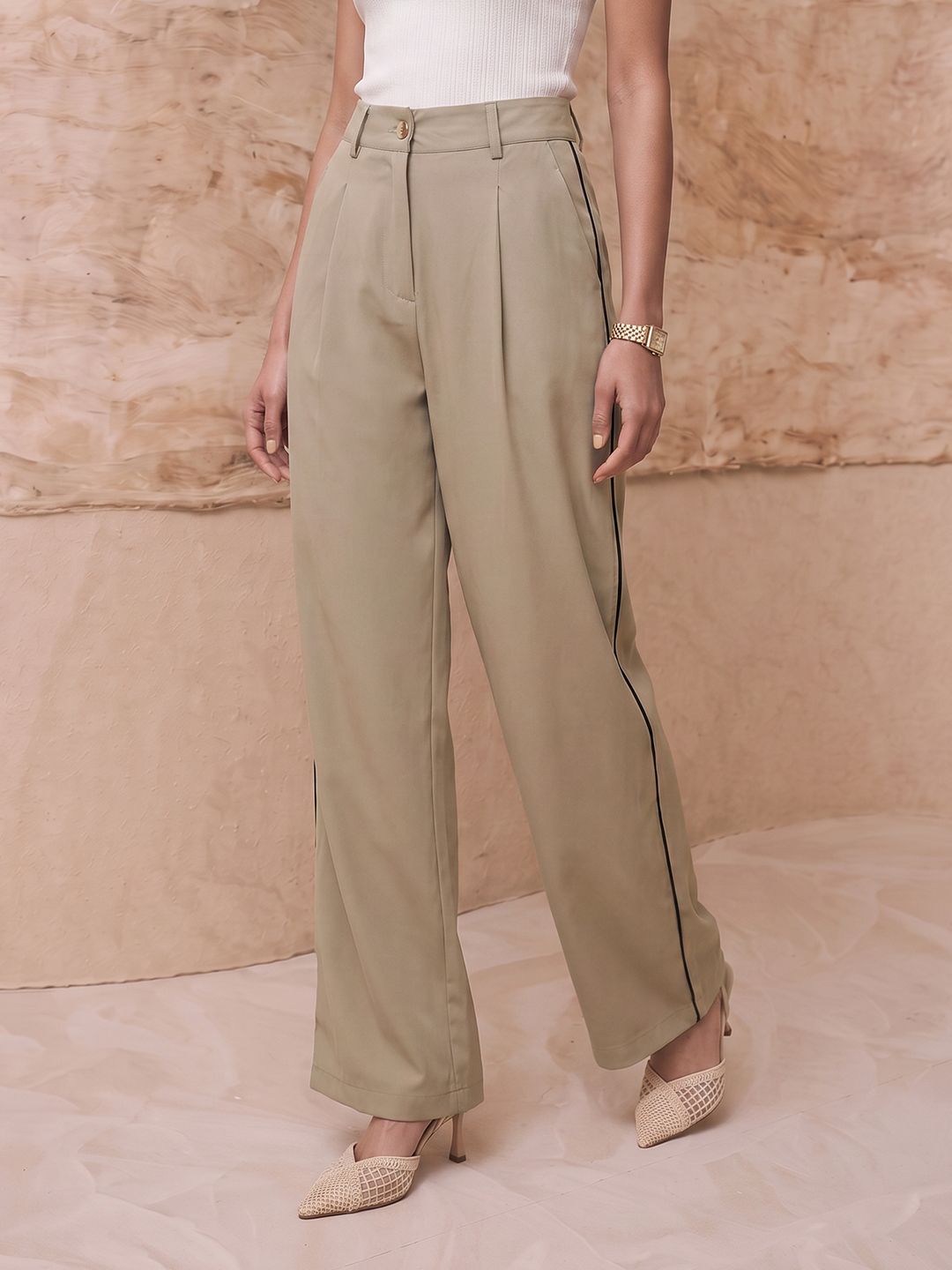 Chemistry Women Wide Leg Side Striped Pleated Trousers-image-15