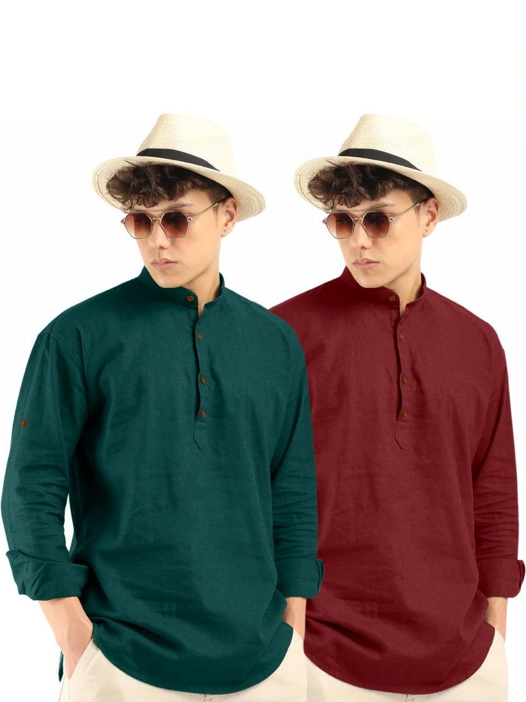 ZBIO Men Pack of 2 Solid Cotton Mandarin Collar Kurtas-picture-38