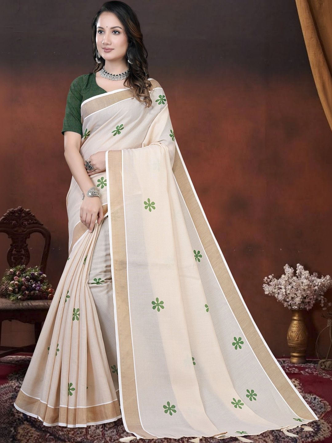 Vedresa Floral Silk Cotton Designer Kasavu Saree-picture-32