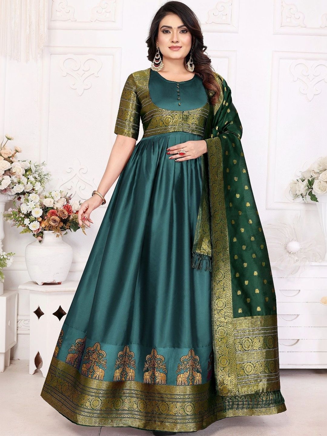 Kinjhit Fashion Woven Design Round Neck Fit & Flare Maxi Ethnic Dress With Dupatta-picture-34