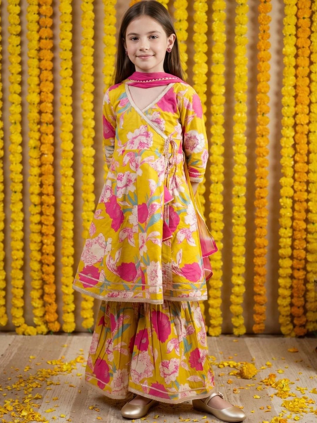Azira Girls Floral Printed Angrakha Pure Cotton Kurta with Sharara & With Dupatta-picture-31