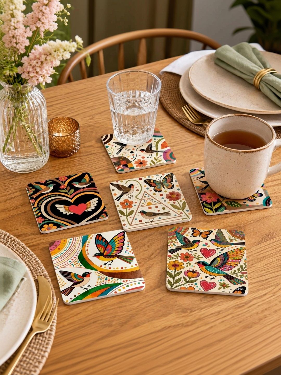TAJNAN 6-Pcs Brown & Red Printed Wooden Coasters-image-29