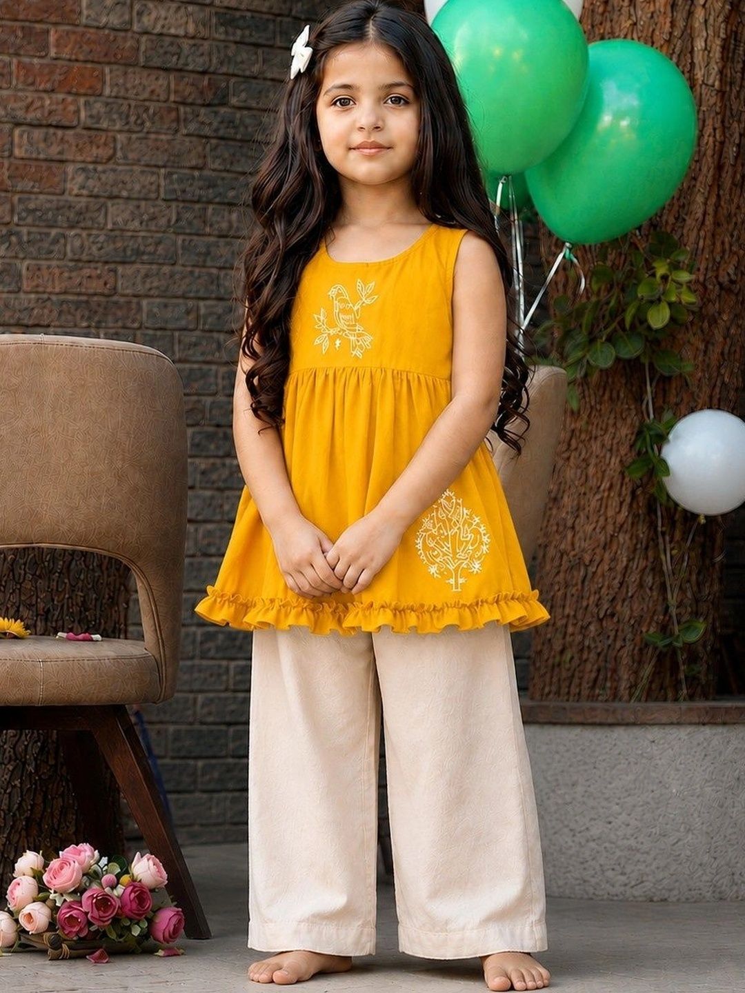 Sangria Girls Ethnic Motifs Embroidered Empire Thread Work Pure Cotton Kurta with Palazzos-image-37