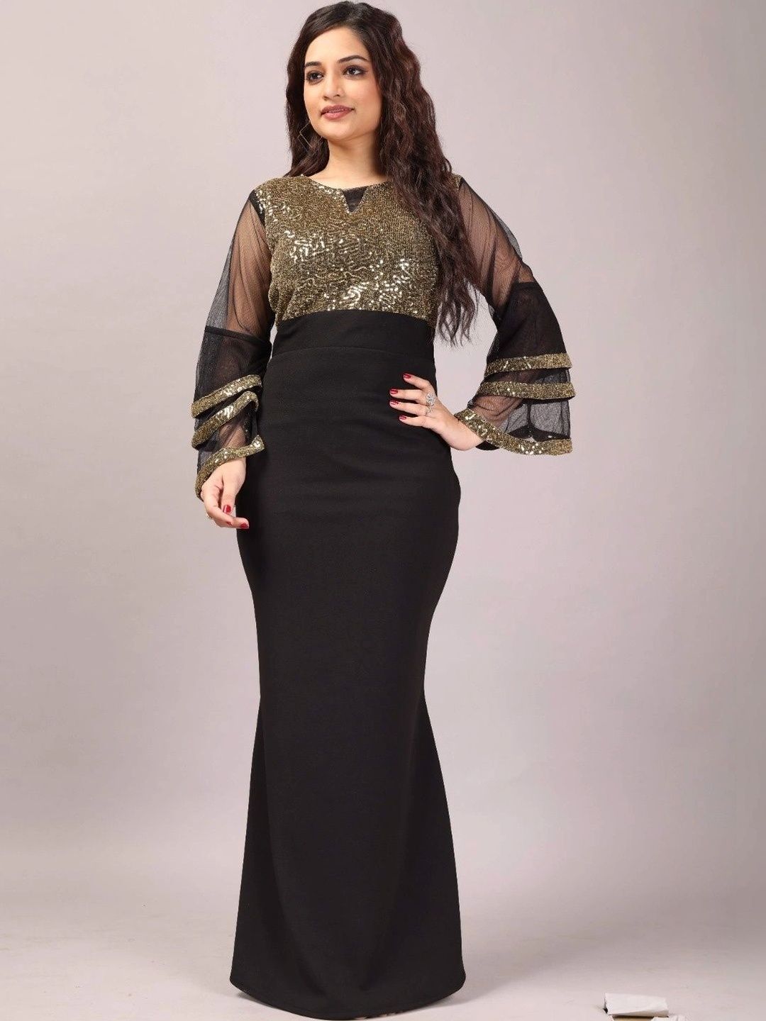 VRAJ FASHION Embellished Flared Sleeve Bodycon Maxi Dress-image-48