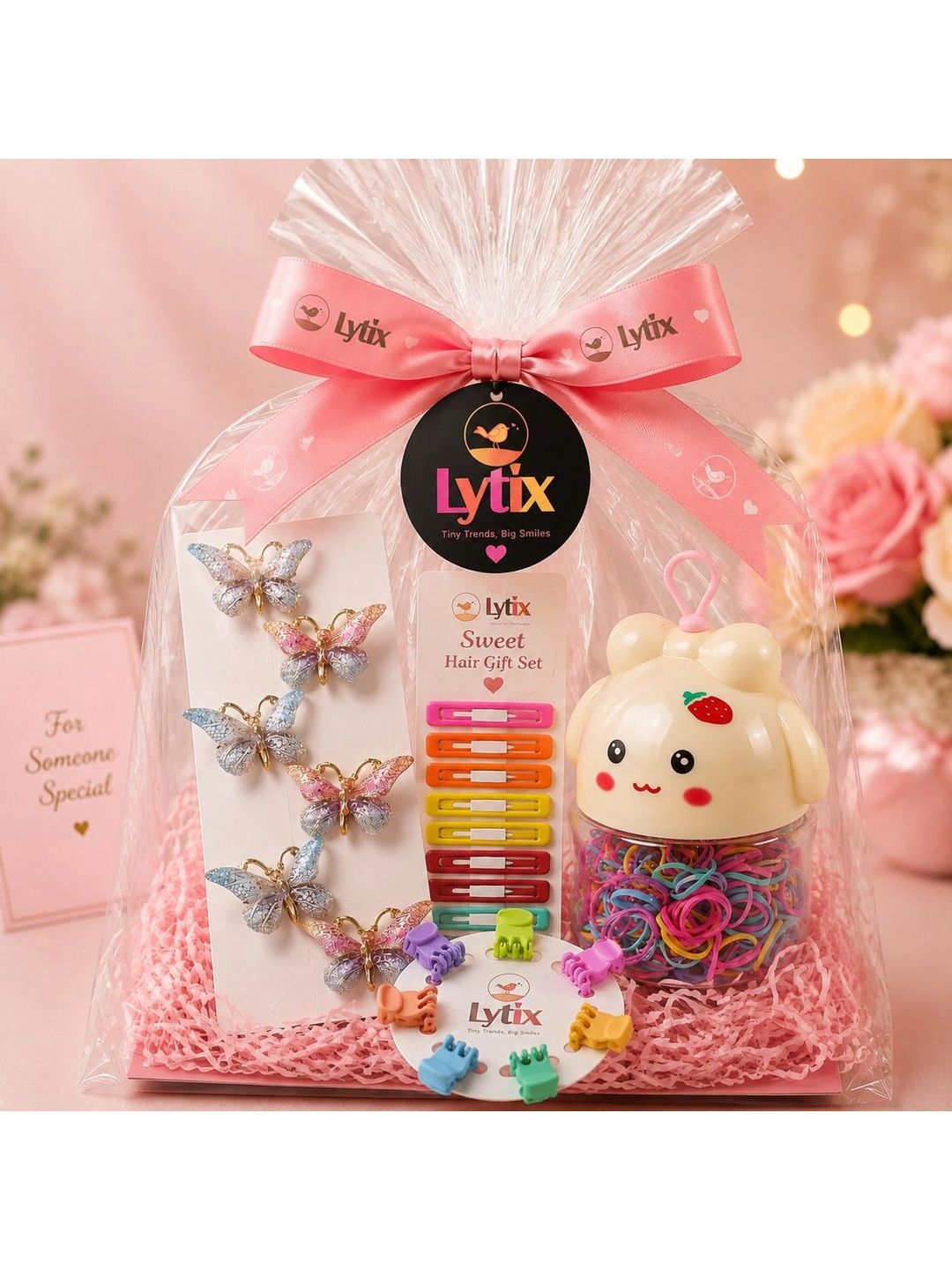LYTIX Set Of 6 Butterfly Clips, Tic Tac & Mini Hair Clips With Rubber Bands-picture-40