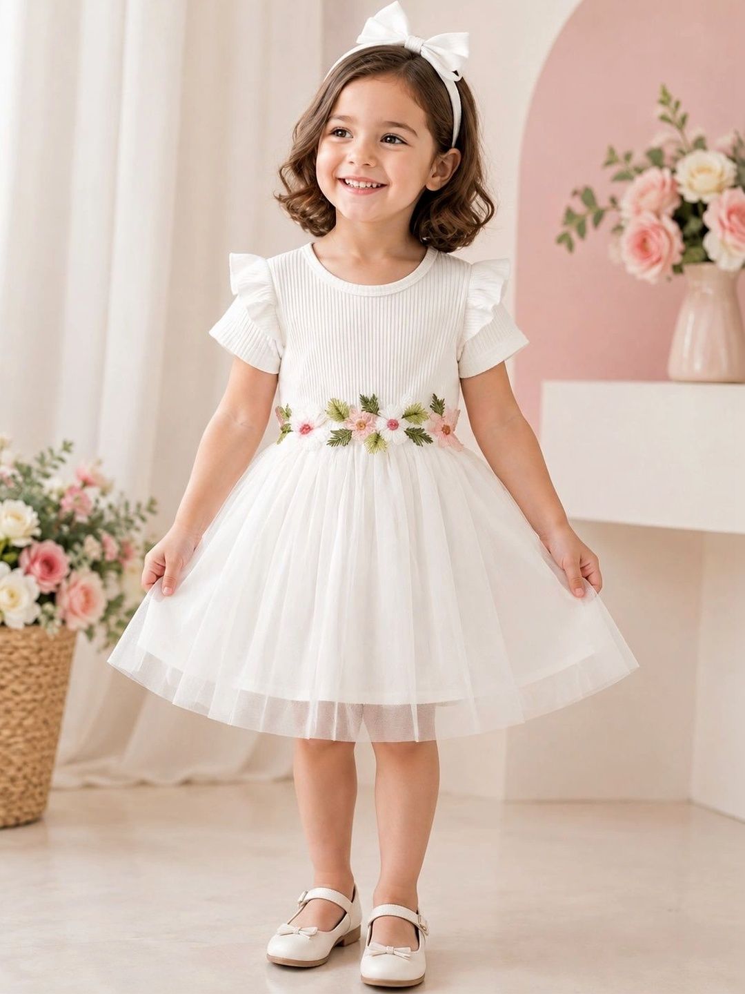 BAESD Floral Embroidered Flutter Sleeve Net A-Line Dress-picture-54