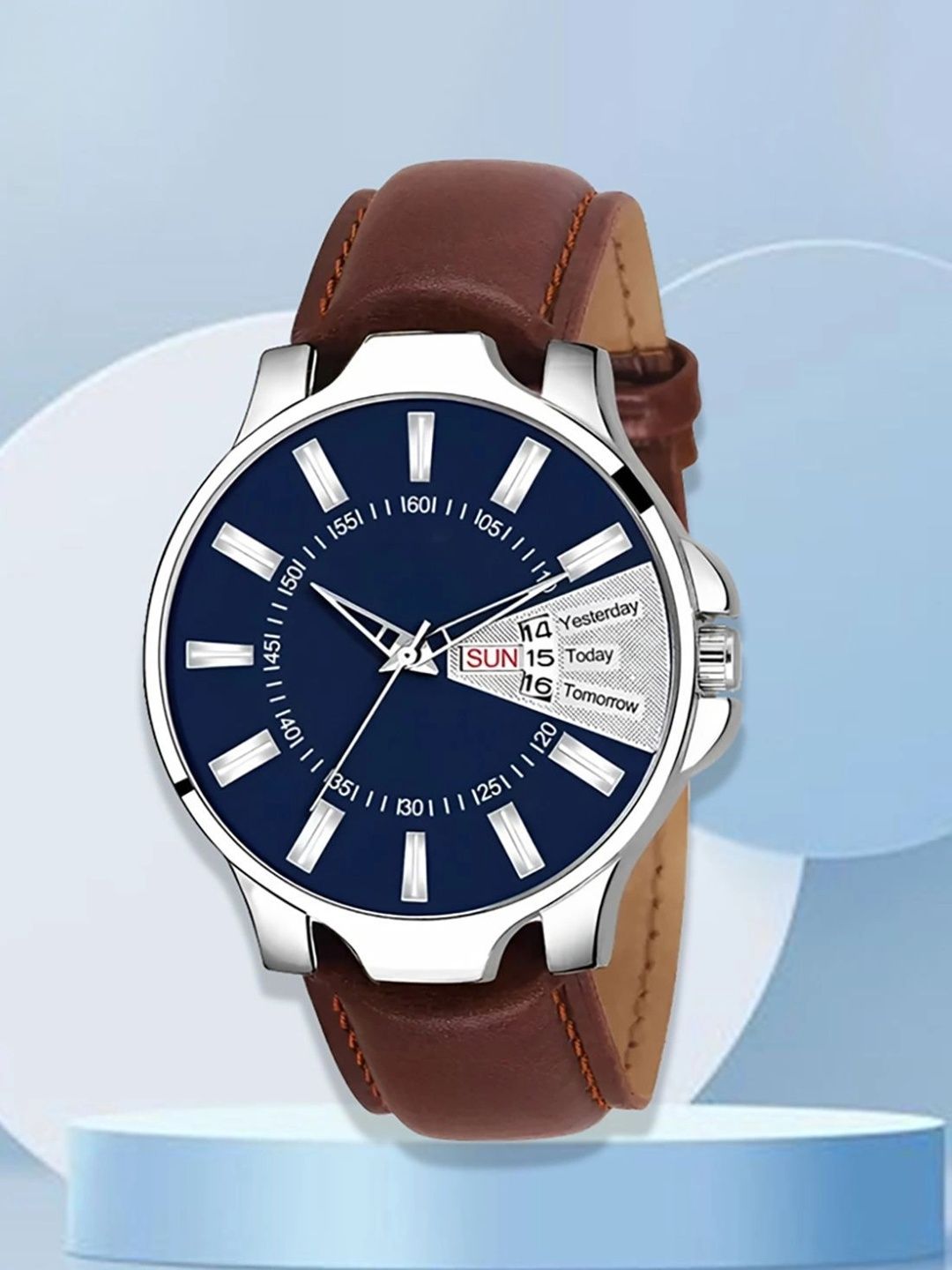 TREX Men Brass Dial & Stainless Steel Straps Analogue Date Aperture Watch LEATHER STRAP_BLUE_PATRI_BROWN-picture-15