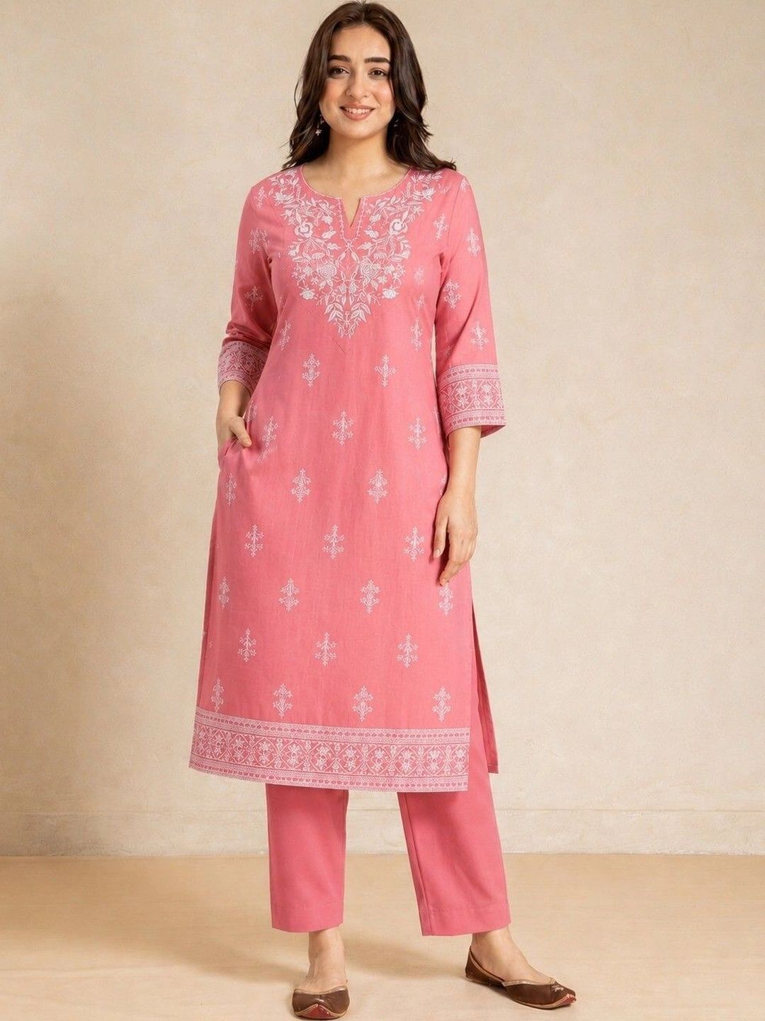 KJFAB Women Ethnic Motifs Embroidered Regular Chikankari Pure Cotton Kurta with Trousers-picture-31