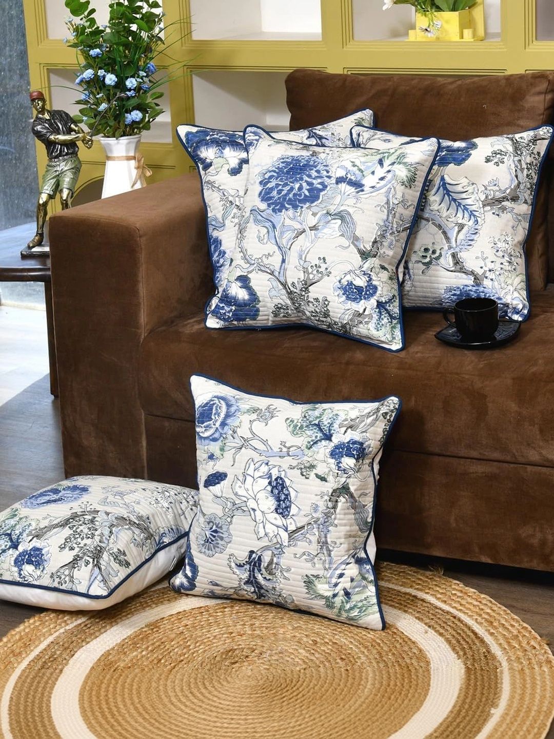 Aura White & Blue Set of 5 Floral Square Cushion Covers-picture-33