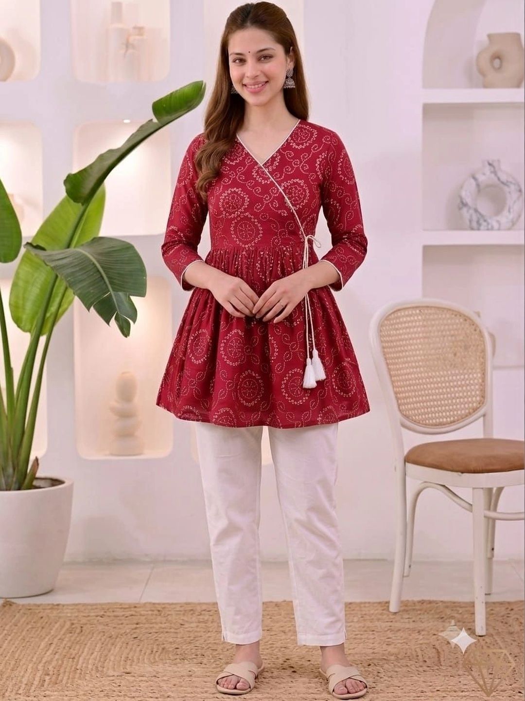 Vastrakaya Ethnic Motifs Printed V-Neck Pure Cotton Blend Angrakha Kurti-picture-17