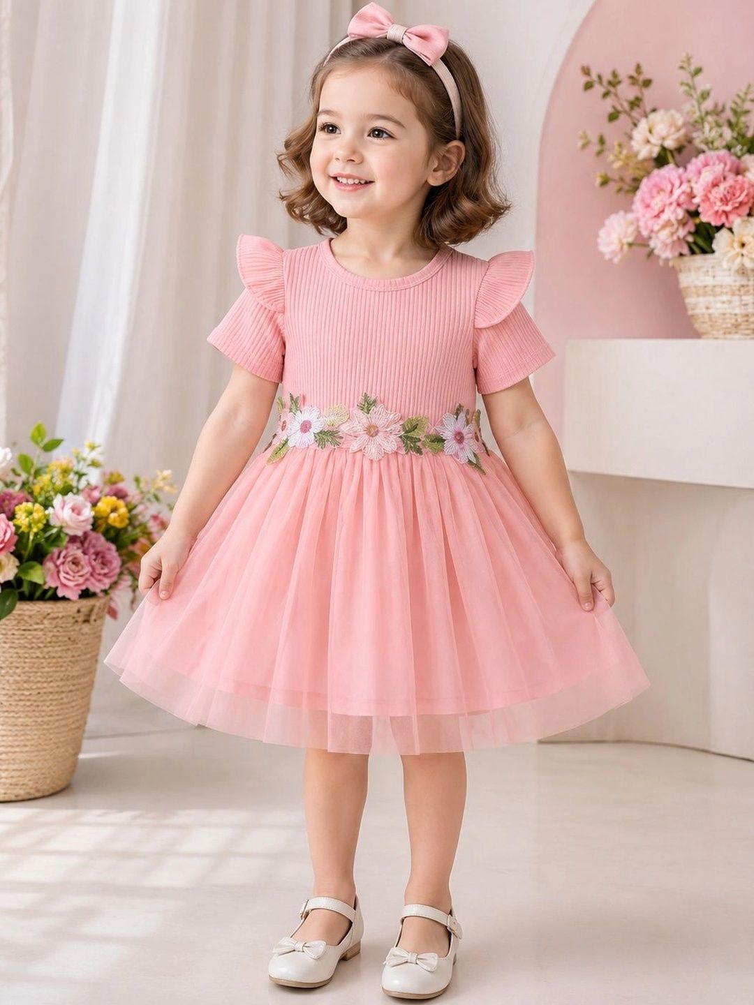 BAESD Floral Flared Sleeve Ruffled Net A-Line Dress-picture-14