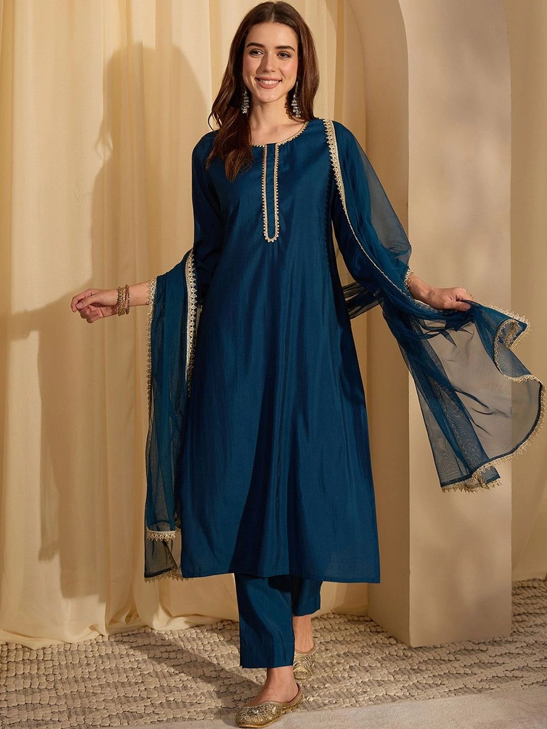 Janasya Women Regular Gotta Patti Chanderi Silk Kurta with Trousers & With Dupatta-picture-51