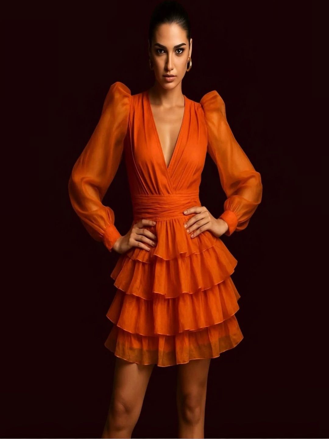 House Of Majisha Puff Sleeve Ruffled Satin Fit & Flare Mini Dress-picture-46