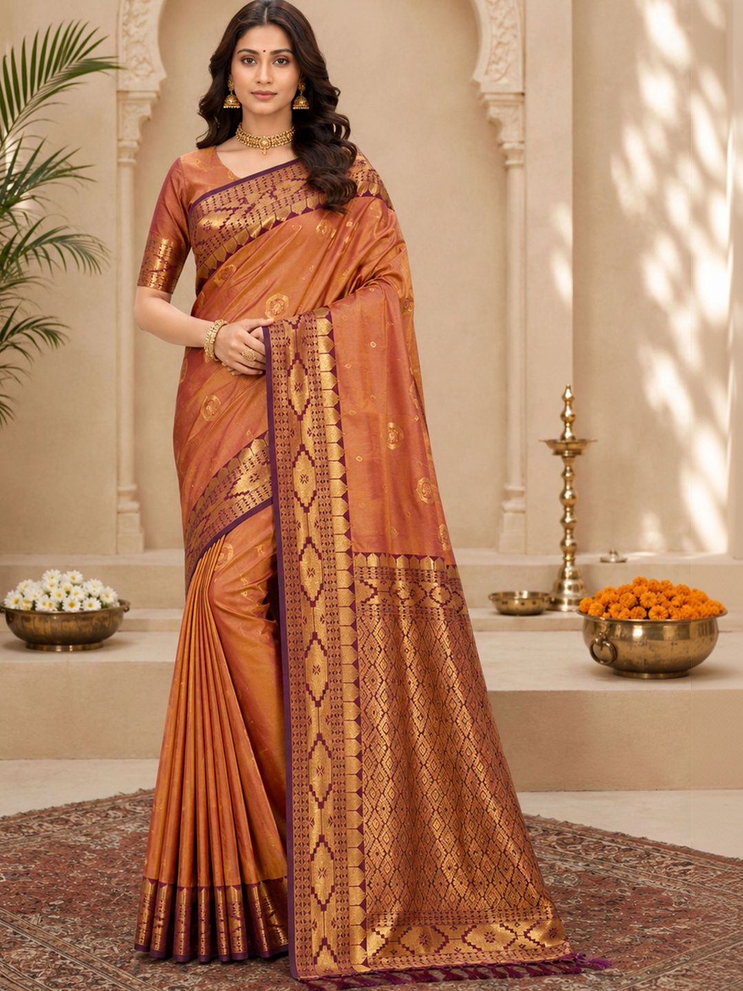 Fashion Petals Woven Design Zari Silk Blend Designer Tussar Saree-image-8
