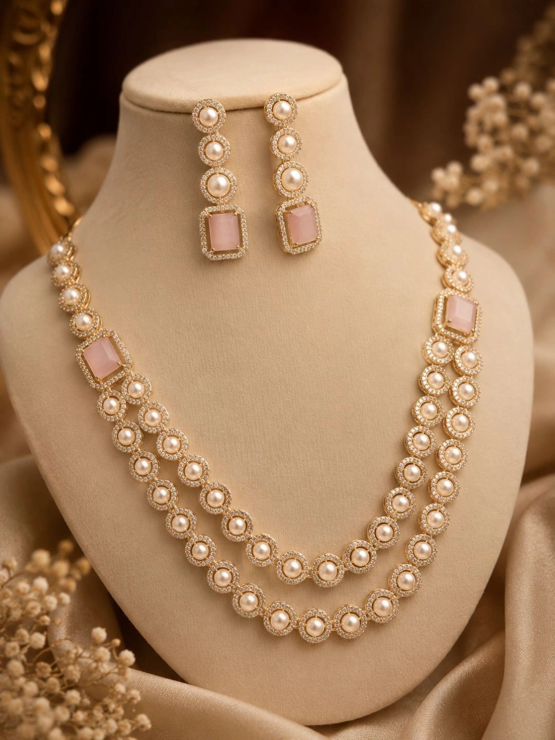 KULDEVI Gold-Plated Layered Pearl Necklace and Earrings-picture-23