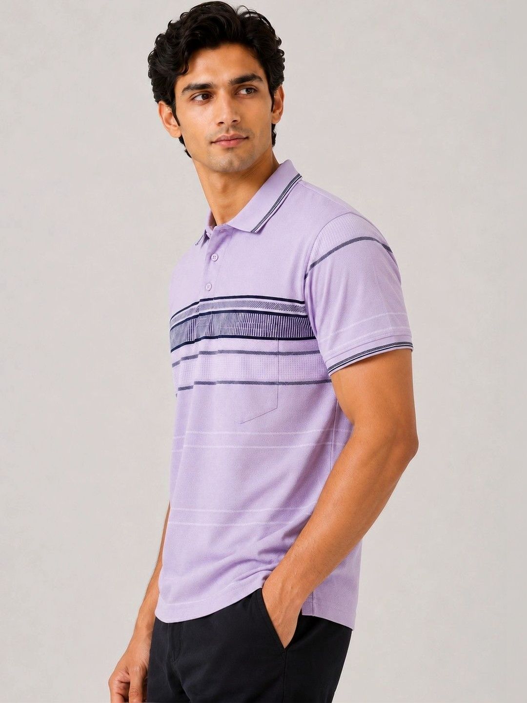 OKIA Men Striped Polo Collar Pure Cotton Blend Pockets T-shirt-image-46