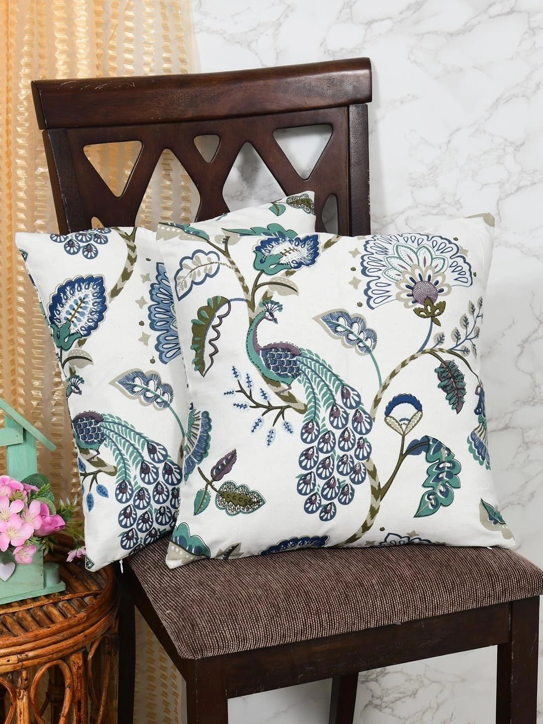 Aura White & Blue Set of 2 Floral Square Cushion Covers-picture-13