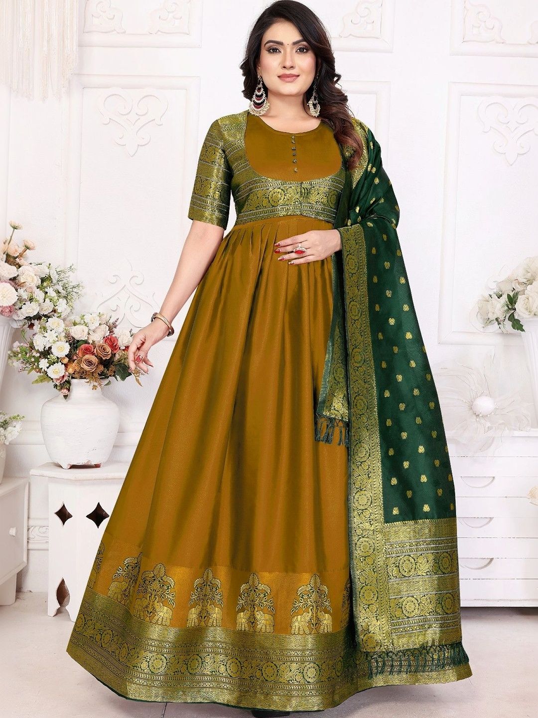Kinjhit Fashion Woven Design Round Neck Fit & Flare Maxi Ethnic Dress With Dupatta-picture-30