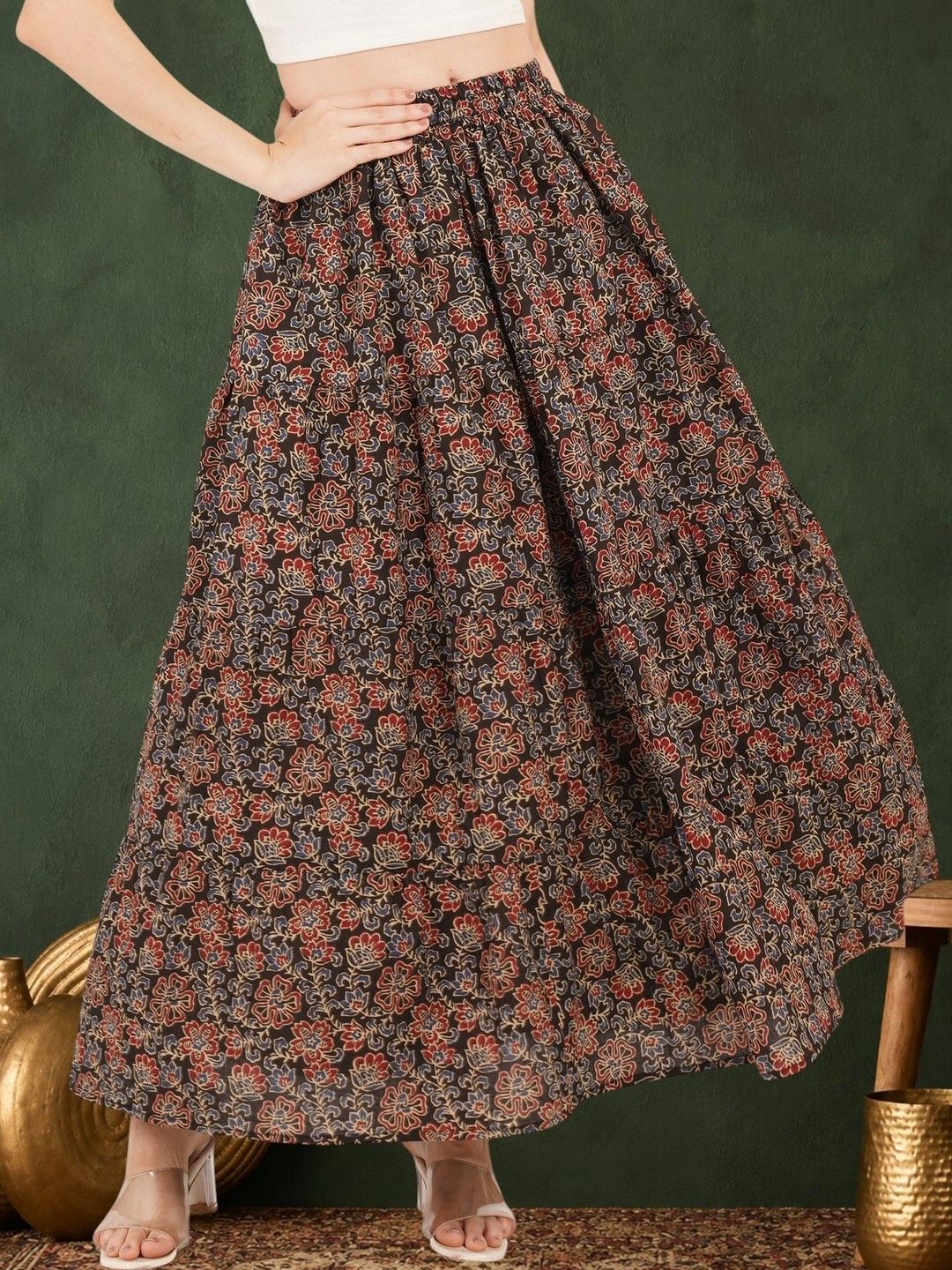 Sangria Women Pure Cotton Blend Cotton Cambric Floral Maxi Flared Skirt-picture-36