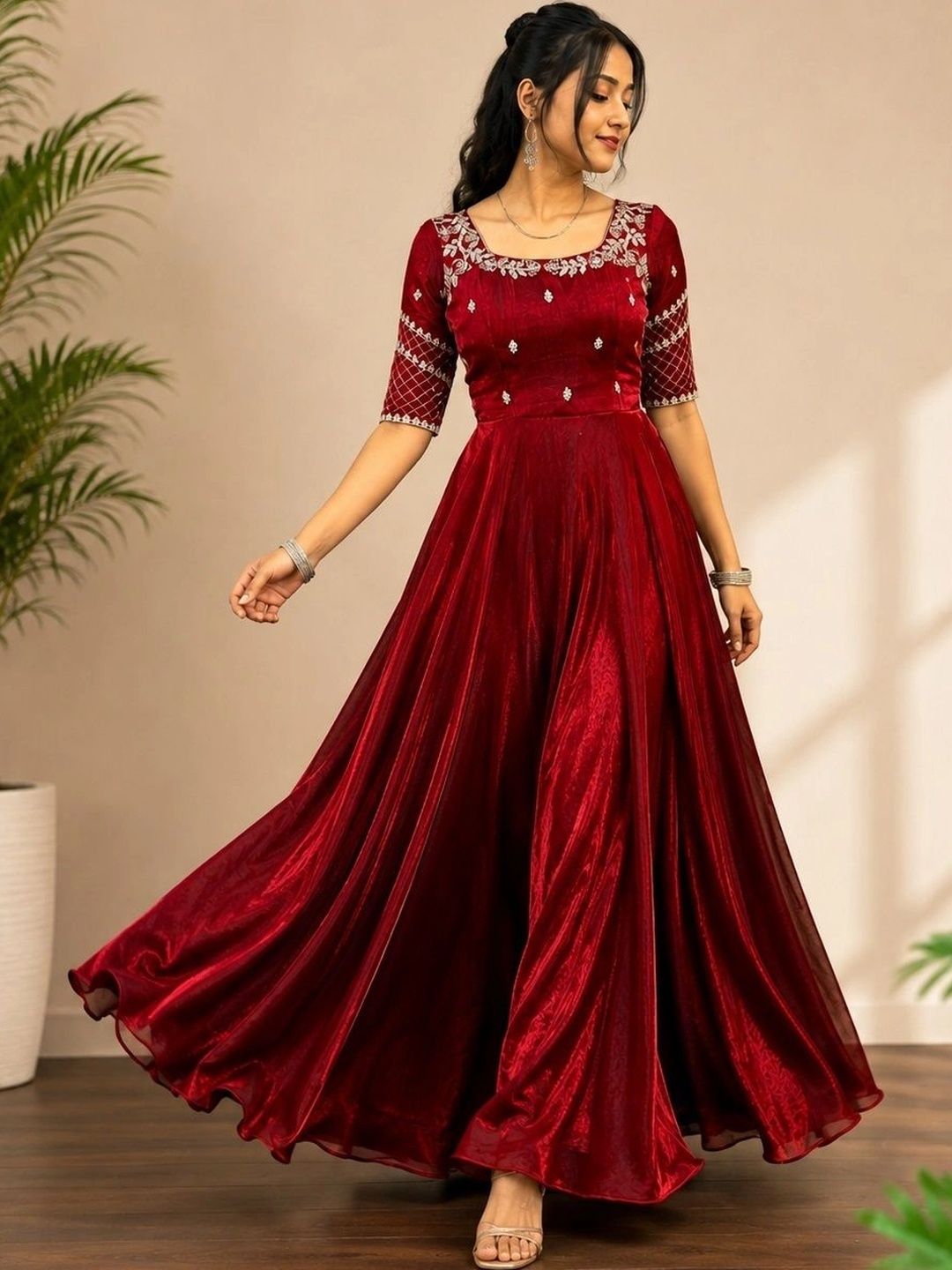 H VASHANIYA Ethnic Motifs Embroidered Satin Maxi Dress-picture-15