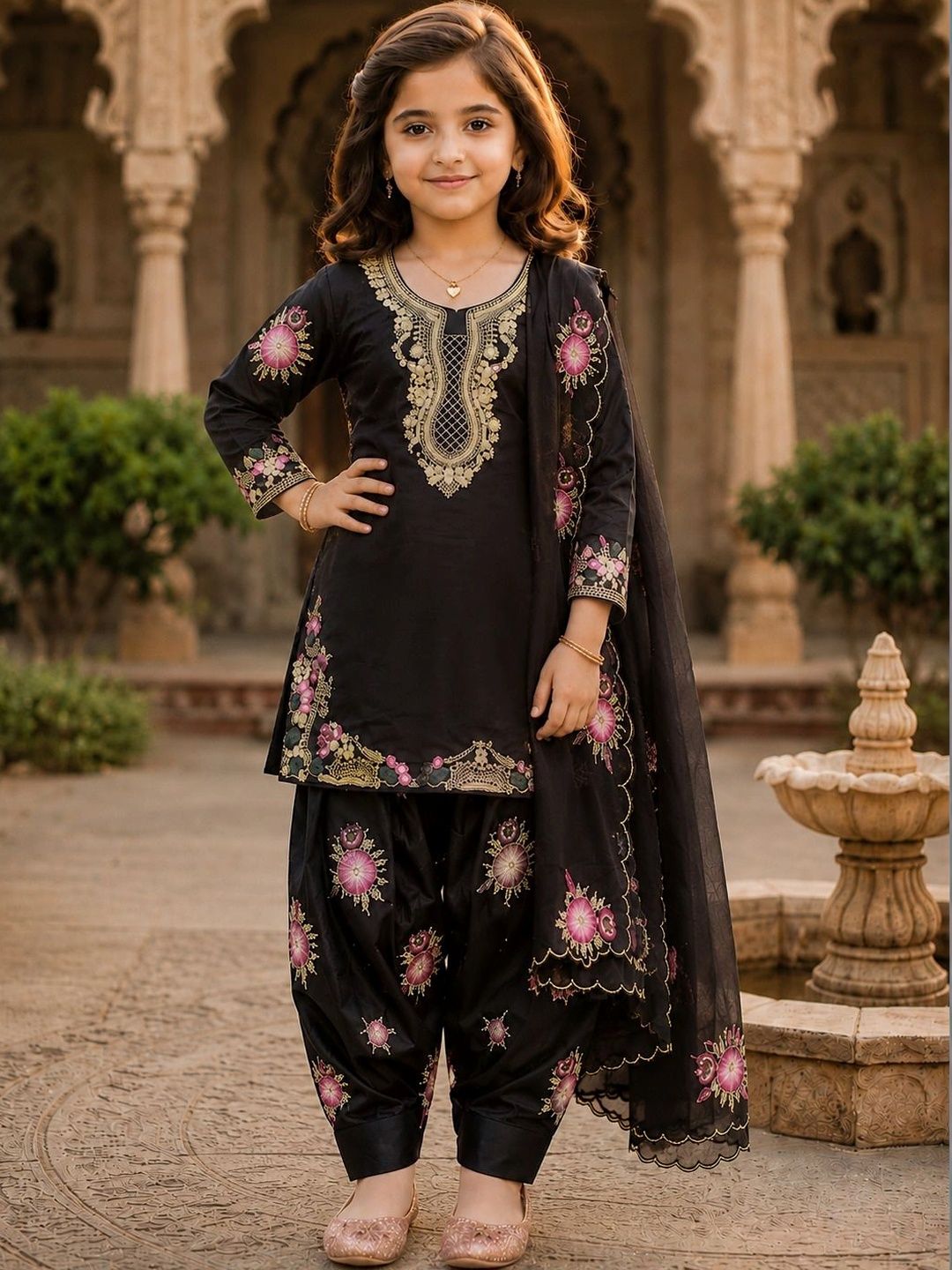 KALINI Girls Floral Embroidered Regular Thread Work Silk Crepe Kurta with Patiala & With Dupatta-picture-14
