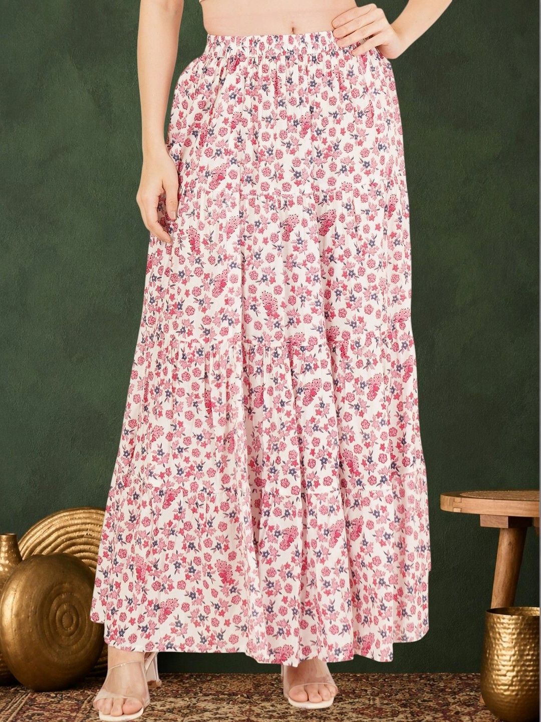 Sangria Women Pure Cotton Blend Cotton Cambric Floral Maxi Flared Skirt-picture-19