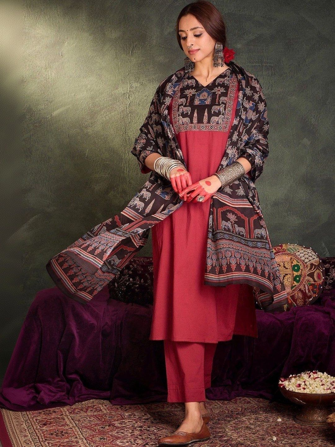 Zeavi Women Ethnic Motifs Regular Raw Silk Kurta with Trousers & With Dupatta-image-36