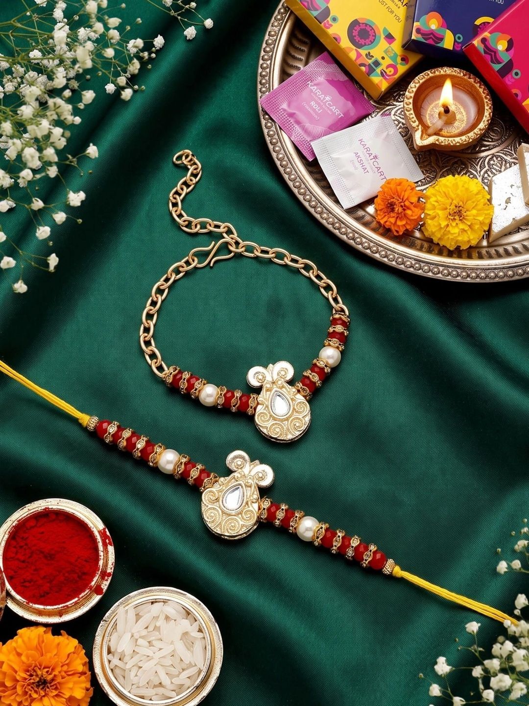 KARATCART Gold Plated Beads Kundan Bhaiya Bhabhi Rakhi with Roli & Chawal-picture-11