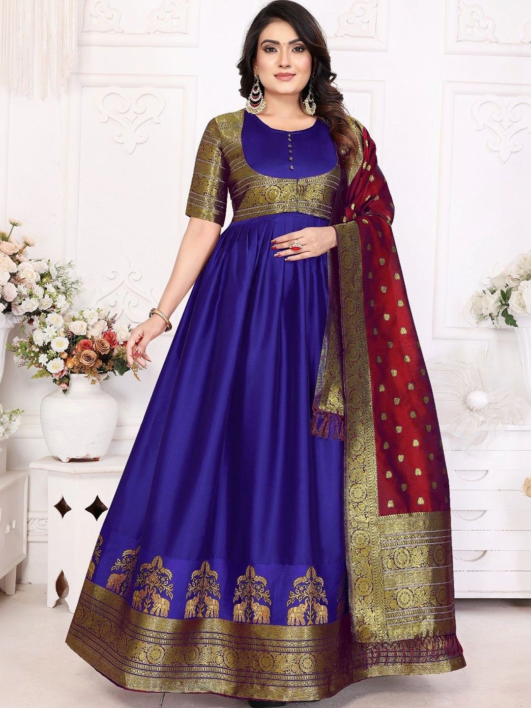 Kinjhit Fashion Woven Design Round Neck Fit & Flare Maxi Ethnic Dress With Dupatta-picture-26