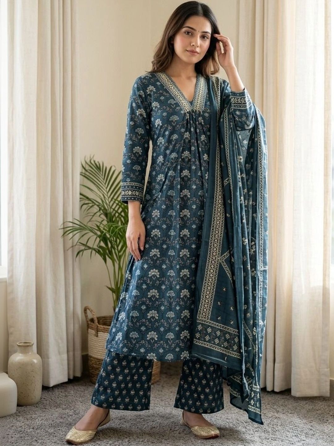 MHIZHA Women Floral Printed Empire Pure Cotton Kurta with Palazzos & With Dupatta-picture-26