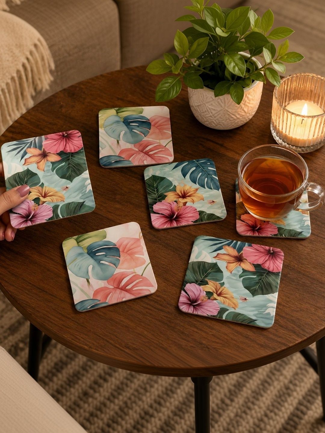 TAJNAN 6-Pcs Green & Pink Printed Wood Coasters-picture-26